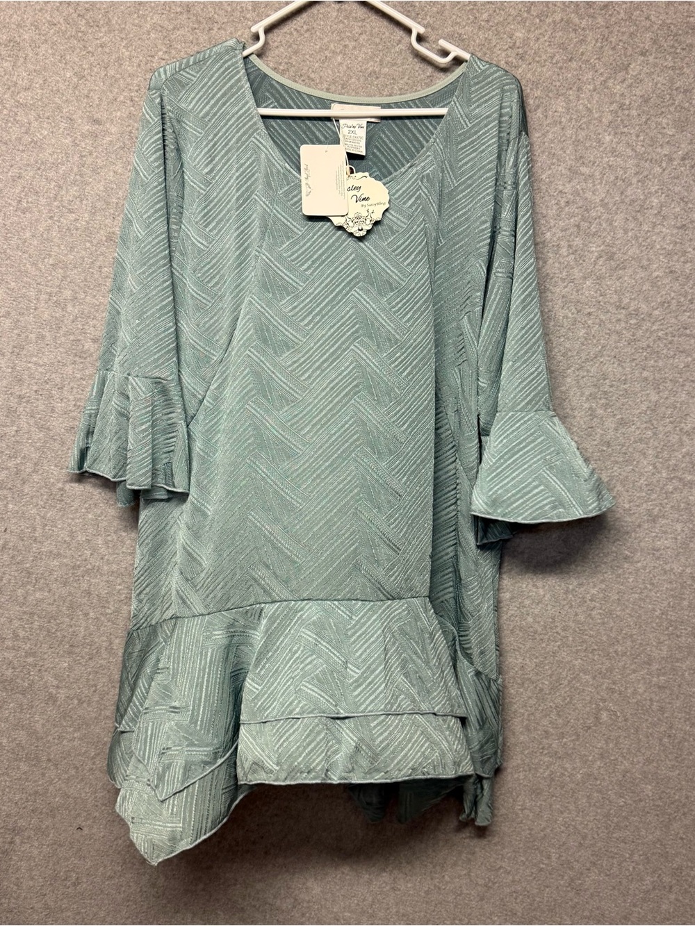 Paisley Vine Womens Tunic Blouse 2XL Plus Green Geometric Ruffle 3/4 sleeve